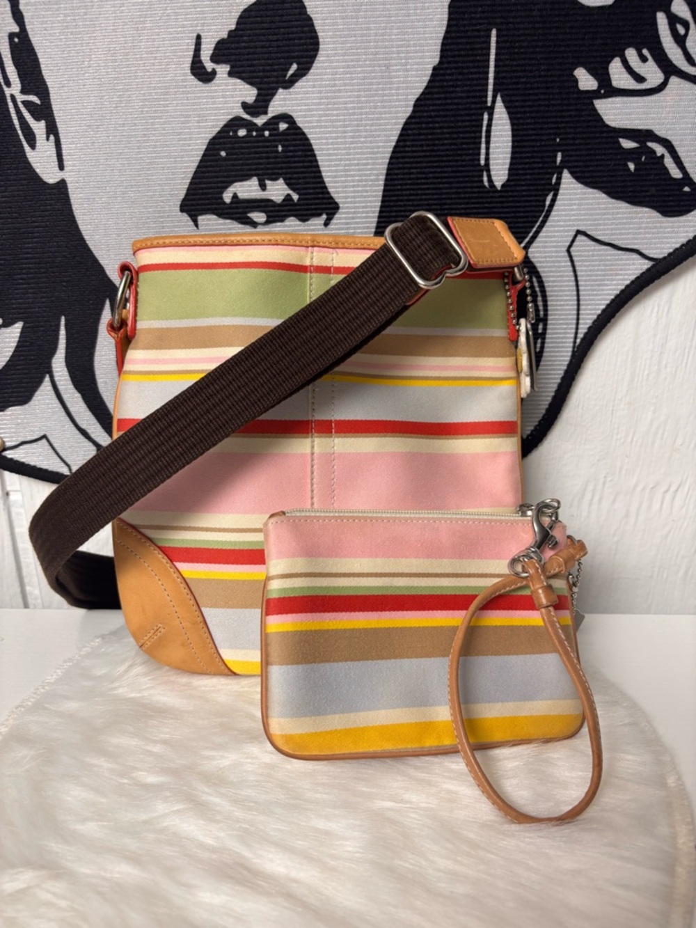 Coach Striped Multicolor Crossbody Bag with a matching wristlet